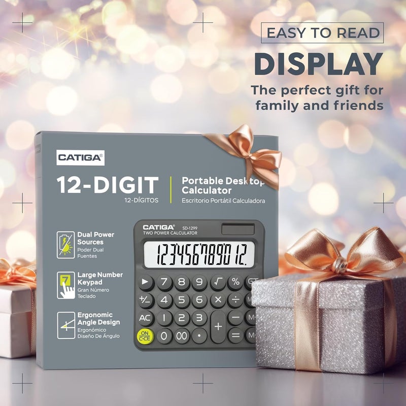 CATIGA Mechanical Switch Calculator with Solar and Battery Dual Power, 12-Digit Large LCD Display, Aesthetic and Cute Desktop Calculator with Big Button, for Home, School and Office Use, SD-1299 - Image 2